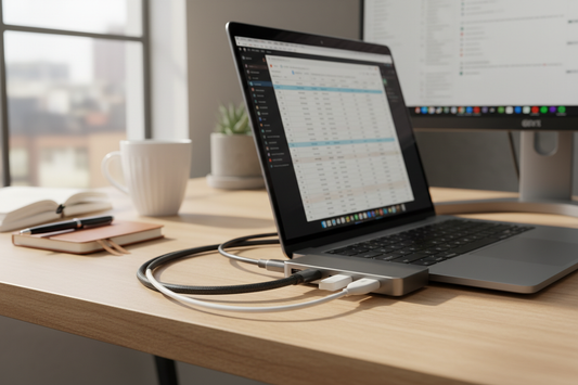 Generate image of the hub connected to a laptop in a work environment